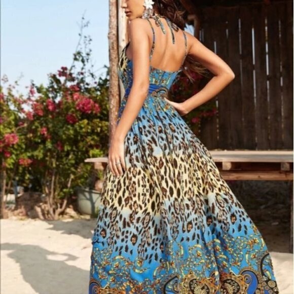 LEOPARD BACKLESS PLUNGING SPAGHETTI STRAP PREMIUM QUALITY DRESS - Picture 9 of 16